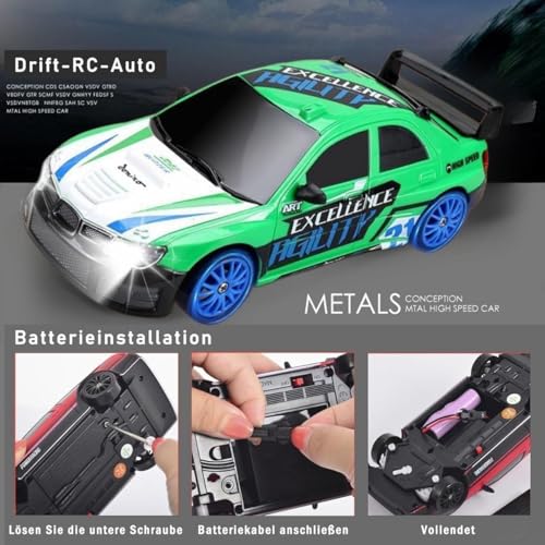 Image of Rc Drift Remote Control Car 1:24 Scale, High-Speed, 4Wd, Lights, Rechargeable Racing Car, Drifting Tires, 2.4Ghz, for Kids (1:24 RC Drift - Green)