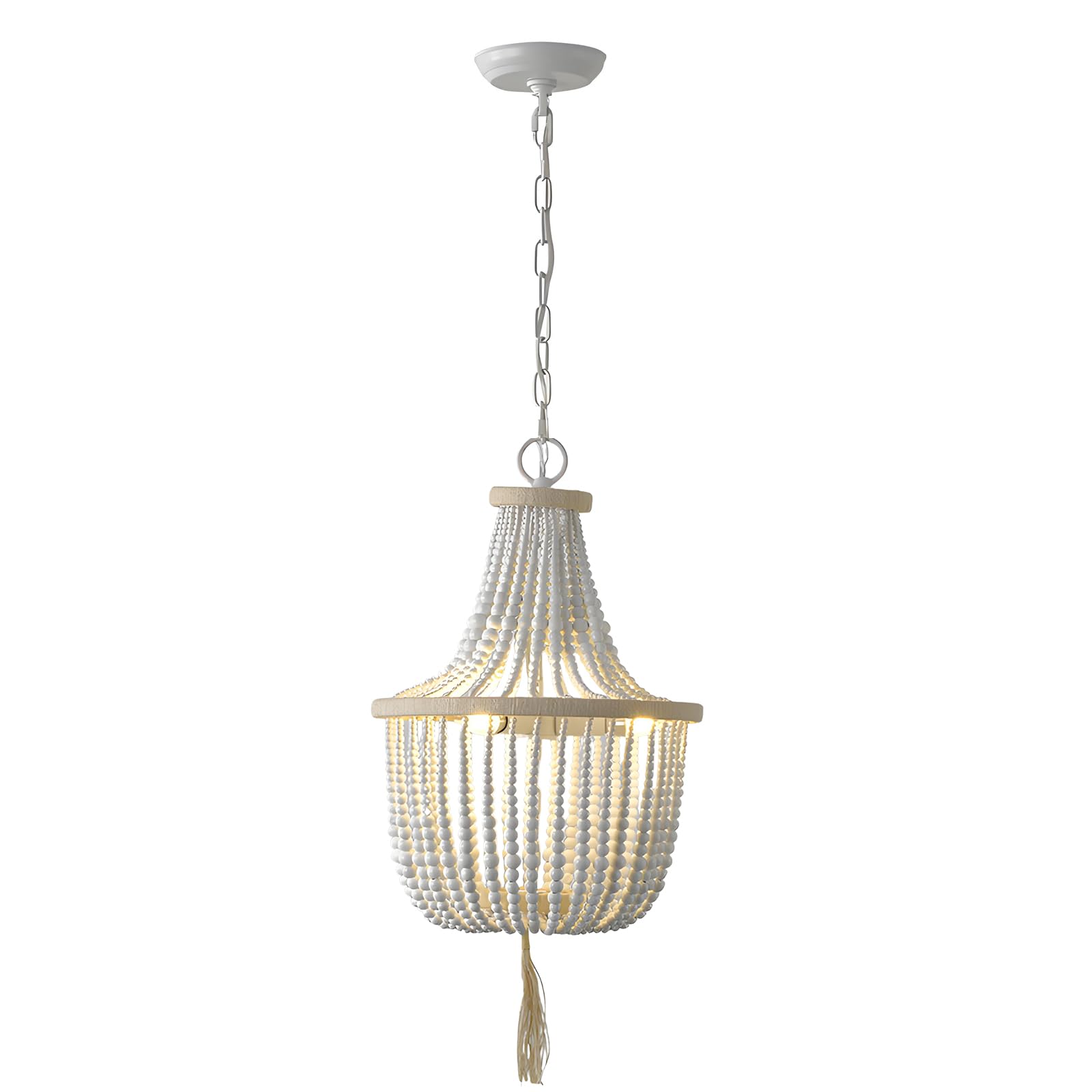 WLBHWL 3-Lights Wood Beaded Chandeliers,15.7" Wide Farmhouse Hanging Ceiling Lighting Fixture with Tassel Accents for Dining Living Rooms, Bedrooms, Kitchen, Adjustable Chain Boho Chandelier