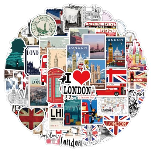 COYUN Lot de 50 autocollants décoratifs Londres,Autocollants De Voyage Vintage, Voyage Autocollant Ensemble, Atocollant Doodle, pour Bagages Valise, Skateboard,...