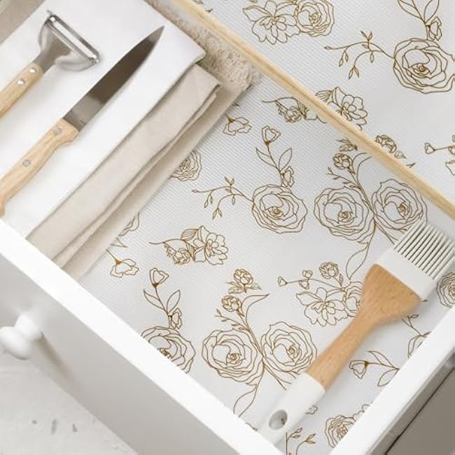 Shelf Cabinet Liner for Kitchen- Non Adhesive Drawer Liner Refrigerator Liner, Premium Waterproof Shelf Paper Protect Surface, Non Slip Easy to Clean Durable EVA Material, Gold Roses, 11.8 in x 10FT