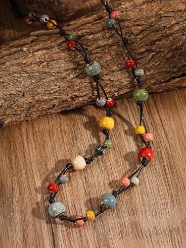 MINACHI Hippie Bohemian Colorful Ceramic Bead Long Strand Necklace, Boho Hippie Beach Summer Statement Jewelry Gift for Women3