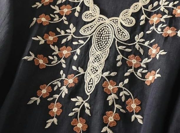 Image of RIEKA Womens Embroidered Korean Style Tunic Top, Floral Thread Work | V Neck | Puff Sleeves | Relaxed Fit Casual | Fusion Rayon Top for Every Day Styling
