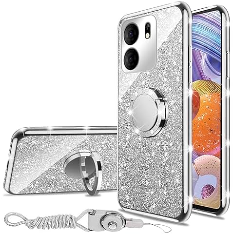 nancheng for BLU View 5 Case 6.56-inch, for BLU B160V Case with Ring Kickstand Lanyard Shockproof Protection Phone Case Cute Soft TPU Glitter Cover for Girls Women Men - Silver Cover