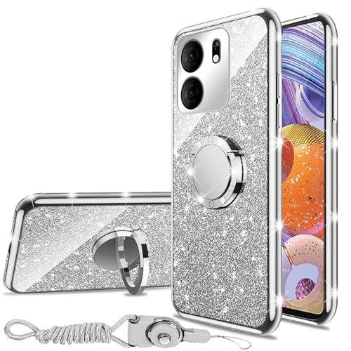nancheng for BLU View 5 Case 6.56-inch, for BLU B160V Case with Ring Kickstand Lanyard Shockproof Protection Phone Case Cute Soft TPU Glitter Cover for Girls Women Men - Silver