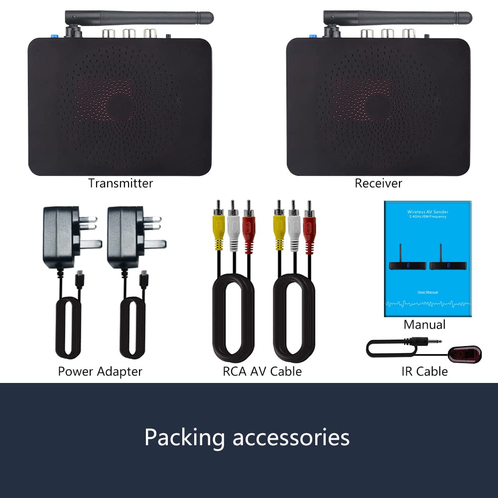 Trasmettitore e ricevitore audio wireless 2,4 GHz 8 canali RCA 480P mittente con estensione remota IR per cavo streaming, satellite, DVD a TV senza fili (MT-RCA20)