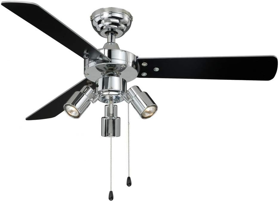 Ceiling Fan Cyrus Chrome with Light and Pull Cords 42 inch 107 cm with Black and Silver Blades