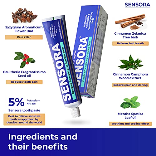 Image of SENSORA Herbal Sensitivity Relief Toothpaste with Rapid Relief Formula for Sensitive Teeth, Bleeding Gums and Bad Breath Pack of 4