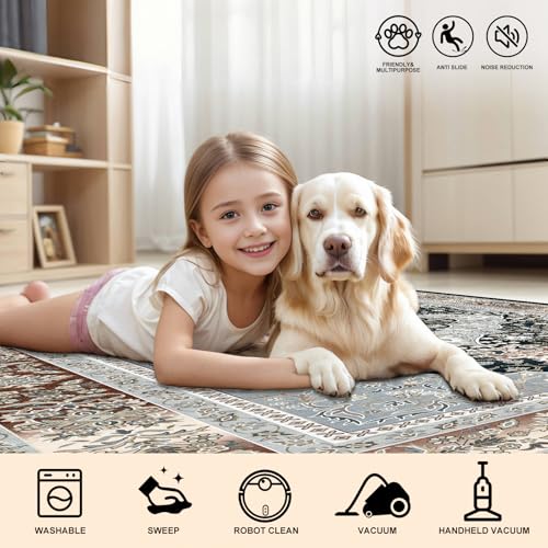 Washable 9x12 Area Rugs - Extra Large Rug for Living Room, Oriental Medallion Rugs for Bedroom, Office, Playroom, Under Table with Non Slip Backing Ultra-Thin Rug, Farmhouse Home Decoration, Red/Blue — view 6