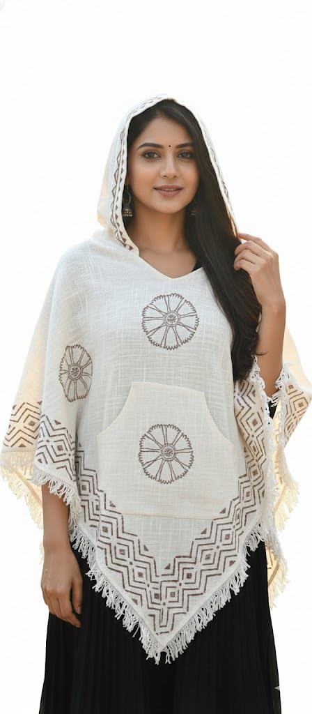 DK Collection Women Cotton Hooded Poncho, Off White, Hand Block Print, Boho Ethnic Style Cape Shawl, Free Size