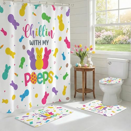 ONIBOGO 4Pcs Easter Shower Curtain Set Bunny Shower Curtain for Easter Bathroom Decor with Anti-Slip Waterproof Bathtub Bathroom Rugs Toilet Lid Cover