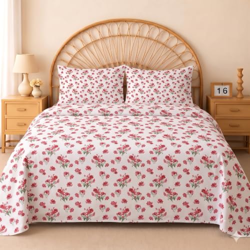 Image of IVAZA 240 TC Soft Ezyption Cotton Floral Print King Size Bedsheet - with 2 Pillow Covers, Hypoallergenic, Brethable, (Size- 90 x 90 Inch) Red White