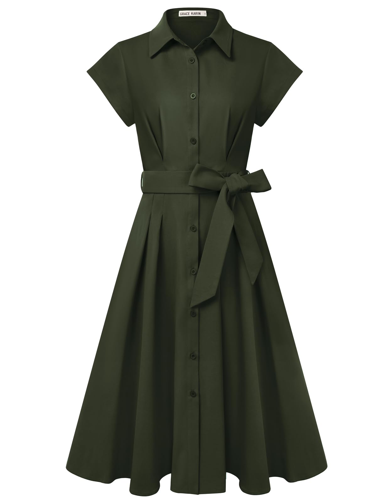 GRACE KARIN Damen Sommer Kurzarm Reverskragen Knöpfen Taillengürtel Kleid Elegant A-Linie Midi Blusenkleid mit Taschen