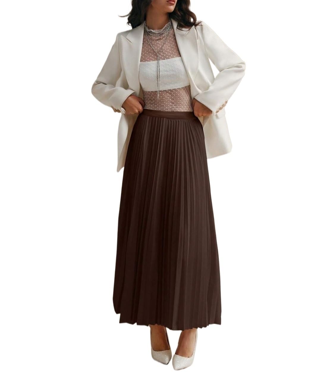 Womens Office Elegant Belted Mid Waist Loose Pleated Long Skirt Trendy Stylish Skirts
