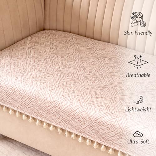 Image of HOMEMONDE 2 Seater Quilted Velvet Printed Sofa Cover with Tassels |Soft, Durable & Premium Fabric with Tassels | Sofa Cover Mats for Living Room, Bedroom & Office (76 X 122 CM, Tribal Lattice)