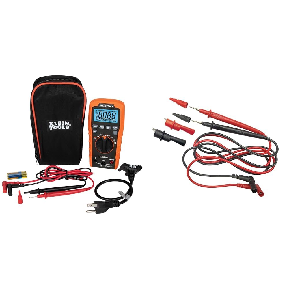 Klein Tools ET270 Auto-Ranging Digital Multi-Tester, AC/DC, Resistance, Continuity, GFCI Receptacle Tester with Test Leads and Receptacle Cord & 69410 Replacement Test Lead Set, Right Angle