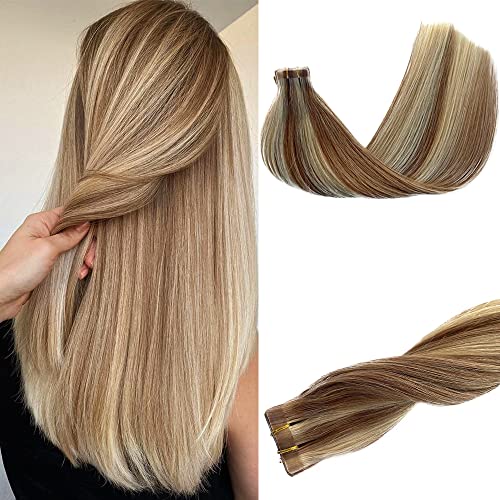 Tape in Hair Extensions Human Hair Skin Weft Tape ins Extensions Straight Golden Brown Mixed 613 Bleached Blonde Glue in Real Human Hair Extensions for Women Blonde Highlights Hair 20PCS 30G 14 Inch