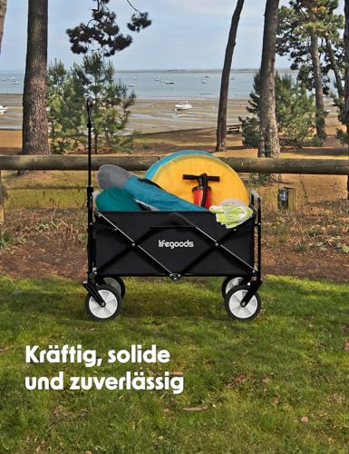 LifeGoods Bollerwagen Faltbar - Faltbarer Bollerwagen - Handwagen Klapbarr - Gartenwagen - Transportwagen - Strandwagen - Strand - Klappbarer – 360 Grad Drehbare Vollgummireifen 94L– 98x45cm - Schwarz – Bild 6