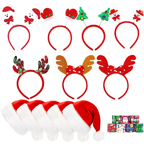 7 Morceaux Serre Tete Noel,5 Bonnet Noel,Serre-Têtes de Noël,Bandeaux de Fête pour Noël,Bandeau de Noël,Morceaux Bandeaux de Noël Fête,Décoration de Chapeau de Noël,Chapeau Adulte,Costume Fête de Noël Cover