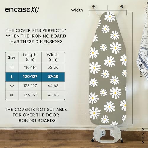 Image of Encasa XO Ironing Board Cover with 3mm Thick Felt Pad for Steam Press (Fits Standard Large Boards of 125x39 cm) Heat Reflective, Scorch & Stain Resistant, Printed - Daisy Grey