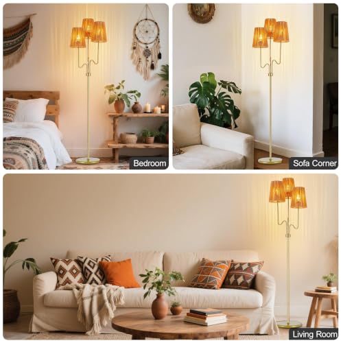 Image of MAYNA 3-Light Gold Boho Floor Lamp with Handwoven Rattan Shades