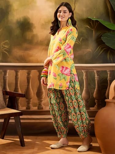 Image of EthnicJunction Women's Linen Floral Print Summer Wear Straight Short Kurti with Afghani Pant Set | Co Ord Set for Women Stylish | Fusion wear Women