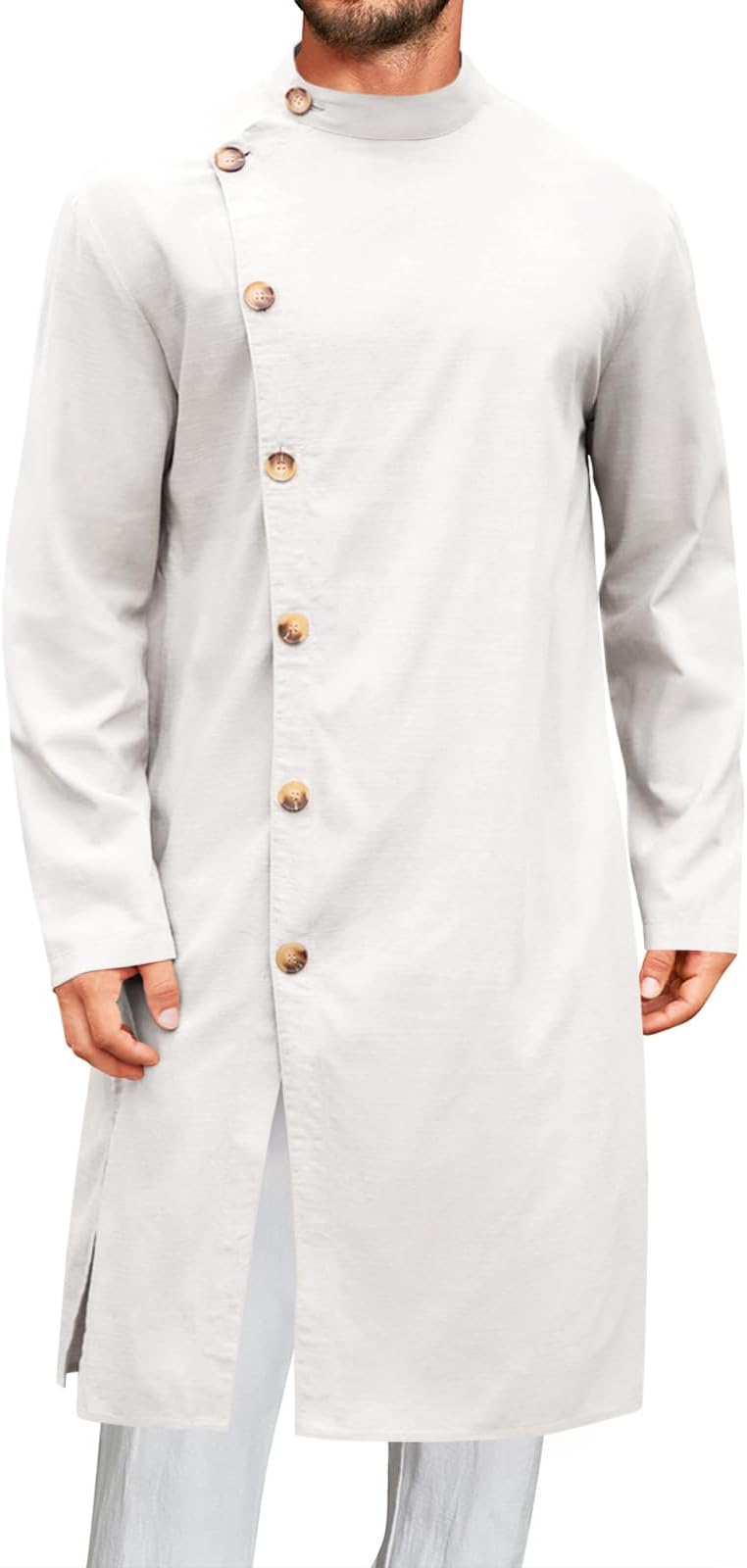 Mens Kaftan Thobe Button Down Long Sleeve Robe Casual Henley Shirt Cotton Muslim Gown Kurta Tops