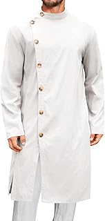 Mens Kaftan Thobe Button Down Long Sleeve Robe Casual Henley Shirt Cotton Muslim Gown Kurta Tops