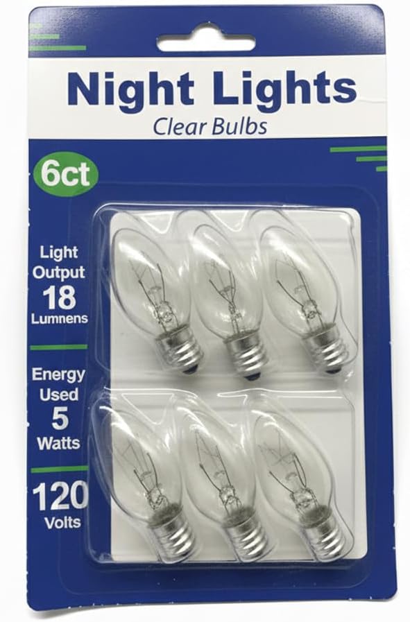6-Pack Clear C7 Night Light Bulbs, 5W 120V E12 Candelabra Base – Replacement Bulbs for Salt Lamps, Window Candles, Holiday, Christmas & Party Decorations – Warm Clear Incandescent Glow