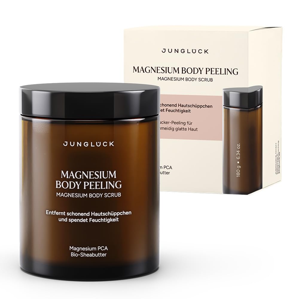 JUNGLÜCK Magnesium Body Peeling - Vegan | Körperpeeling mit Zucker- und Magnesiumkristallen für eine glattere Haut | Für ein geschmeidiges Hautgefühl mit BIO-Mangobutter, Jojobaöl und Mandelöl