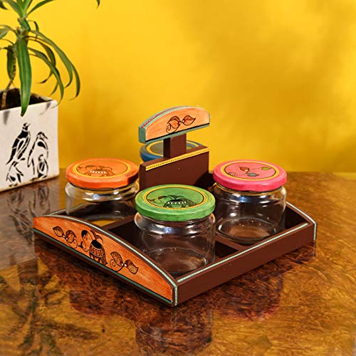 Image of AAKRITI ART CREATIONS Snacks & Cookies Glass Jars Set of 4 | Handcrafted Madhubani Art Storage Set | Natural Brown Matte Finish | Kitchen Jars with Wooden Tray | Dining Table & Kitchen Organizer