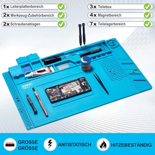 Spurtar Lötmatte Silikon 500℃ Hitzebeständige, 45 x 30 cm Verdickte Arbeitsmatte Werkstatt für Lötpistolen/Heißpistolen, Magnetische Reparatur Matte für Elektronik, Löten, Telefon, iPad, Uhren