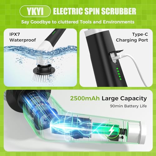 Image of YKYI Electric Spin Scrubber, Cleaning Brush for Home with 8 Replaceable Brush Heads, 480RPM /90Mins /2 Speeds, Electric Scrubber with Long Handle for Bathroom, Tile (Ivory)