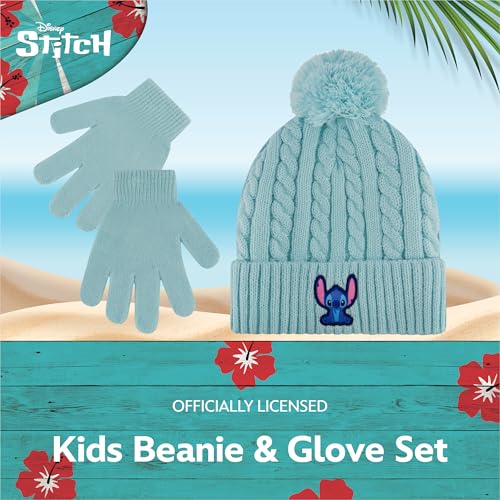 Disney Stitch Beanie Hat and Gloves Set, Girls Cuffed Winter Cable Knit Cap with Pom and Matching Mittens, Mint, One Size2