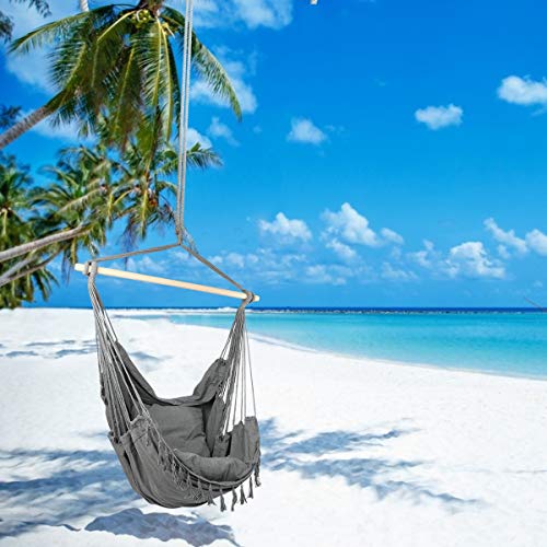 E EVERKING Hammock Chair, Hanging Rope Swing Seat for Indoor Outdoor, Soft Durable Cotton Canvas, 2 Cushions Included, Large Reading Chair with Pocket for Home, Bedroom, Patio, Porch (B-Gray) - Thumbnail 6