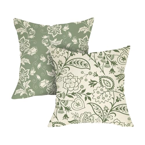 Fjfz Sage Green Vintage Floral Decorative Throw Pillow Covers 18 x 18 Set of 2, Paisley Flower Plant Leaves Porch Outdoor Home Decor, Spring Summer Botanical Farmhouse Sofa Couch Cushion Case