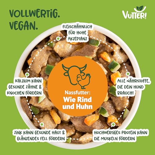 VUTTER Nassfutter Wie Rind & Huhn, 12x400 g: Hundefutter Vegan - Alleinfutter für Hunde - Fleischähnlich für hohe Akzeptanz - Sojaprotein für Muskeln, Zink für Haut & Fell, Kalzium für Zähne & Knochen