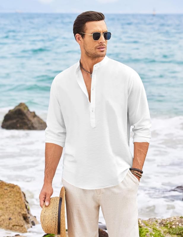 Image of Macsivo Men's Cotton Blend Henley Short Kurta with Mandarin Collar Long Sleeeve Button Closure Curved Hem Regular Fit | Kurta for Men Stylish