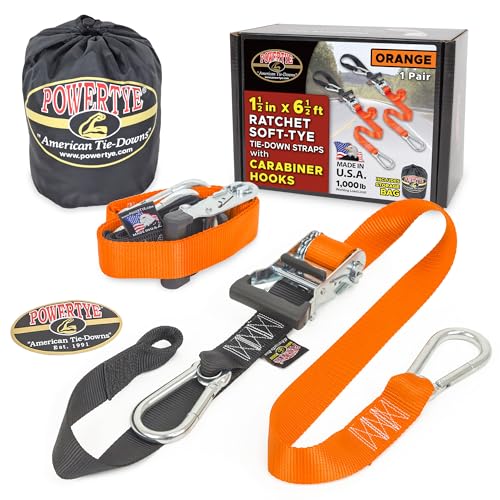 Image of PowerTye 1.5in x 6.5ft Heavy Duty Ratchet Tie-Down Straps with Soft-Tye, Carabiner Hooks - 1,000 lb Working Load Limit / 3,000 lb Breaking Strength - Made in USA - Orange /Black Pair + Storage Bag