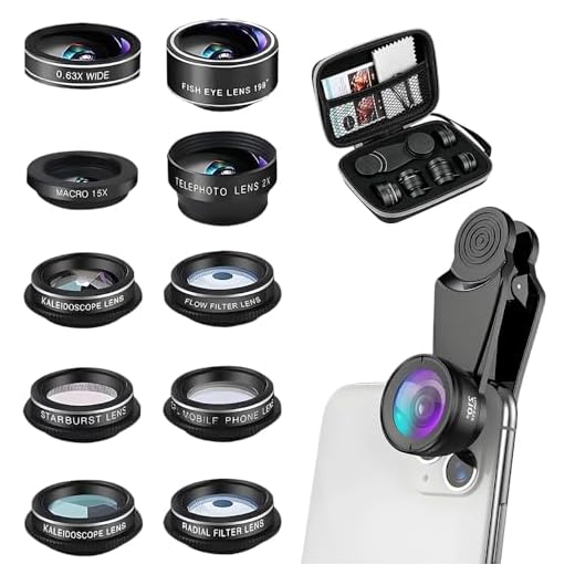 BIZOI 10 in 1 Lenti Cellulare Fotocamera, Fisheye 198°, Grandangolo 0,63x, Obiettivo Macro (15x), CPL, Lente Caleidoscopio, Lente Starlight, Obiettivo per Cellulare compatibile con iPhone e Smartphone