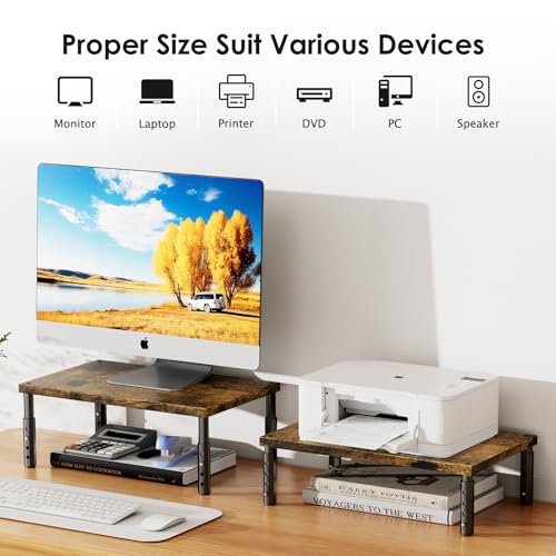 Image of ECOLOVI Adjustable Wood Computer Monitor Stand Riser, Office Desk Organizer and Accessories for Monitor, Laptop, PC, Printer, Office Desk Accessories Workspace Organizer for Home Office Supplies, Brown