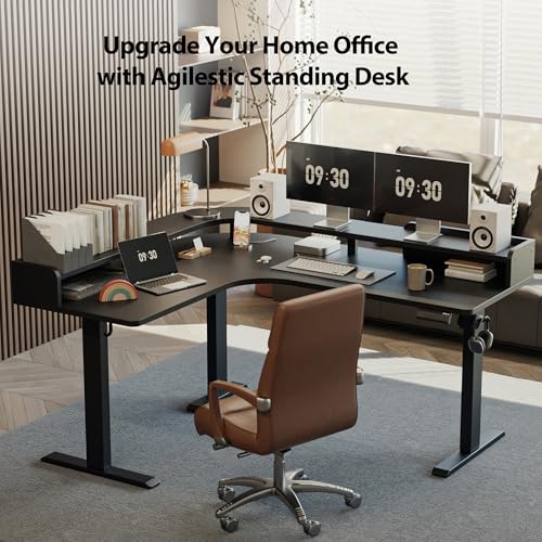 Image of Agilestic L Shaped Standing Desk, Corner Desk with Monitor Shelf, Adjustable Height Gaming Table, Sit Stand Up Table, 63 x 55 Inch Home Office Computer Workstation, Splice Board, Black