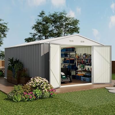 Devoko 10x14 FT Outdoor Storage Shed, Large Metal Storage Sheds with Lockable Door, Utility Garden Tool Shed with Sloping Roof, Outside Steel Storage Sheds for Patio Lawn Backyard, Gray
