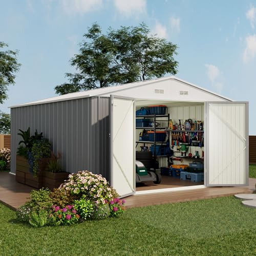 Image of Devoko 10x14 FT Outdoor Storage Shed, Large Metal Storage Sheds with Lockable Door, Utility Garden Tool Shed with Sloping Roof, Outside Steel Storage Sheds for Patio Lawn Backyard, Gray
