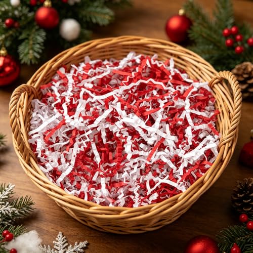 Image of Zankubom 1 /2LB Crinkle Cut Paper Shred Filler Great for Gift Wrapping, Basket Fillers, Birthday, Gift Wrapping, Anniversary, Halloween Christmas Party Decor Filling Supplies Red White