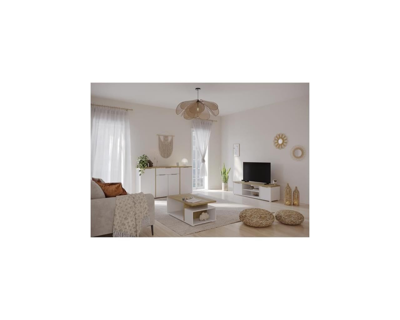 DEMEYERE Ensemble Salon Access : Table Basse + Banc TV + Enfilade 4 Portes - Decor Chene Hamilton et Blanc
