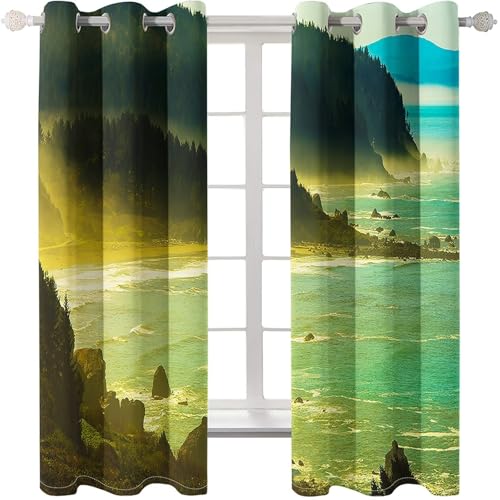 Cortina de sala de estar artística con estampado de mar y montañas en poliéster de 2 paneles 6