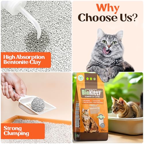 Image of BioKitty Clumping Cat Litter, Highly Absorbent Natural Mineral Bentonite Cat Sand Litter, Unscented Long Lasting Odour Control Cat Litter, Cat Litter Clumping, 10L (UNSCENTED)