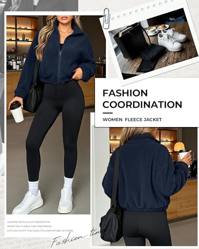 Riyiper Women's Fleece Jacket Cropped Sweatshirts, Navy Blue, Large — view 3