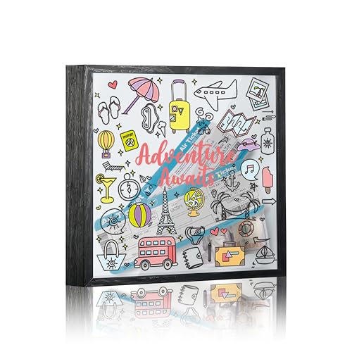 Travel Fund Box, 8×8 Adventure Awaits Shadow Box Frame with Slot, Piggy Bank Money Saving Decoration for Graduation Baby Shower Wedding, Colorful Cartoon Travel Memory Keepsake Gift -A09