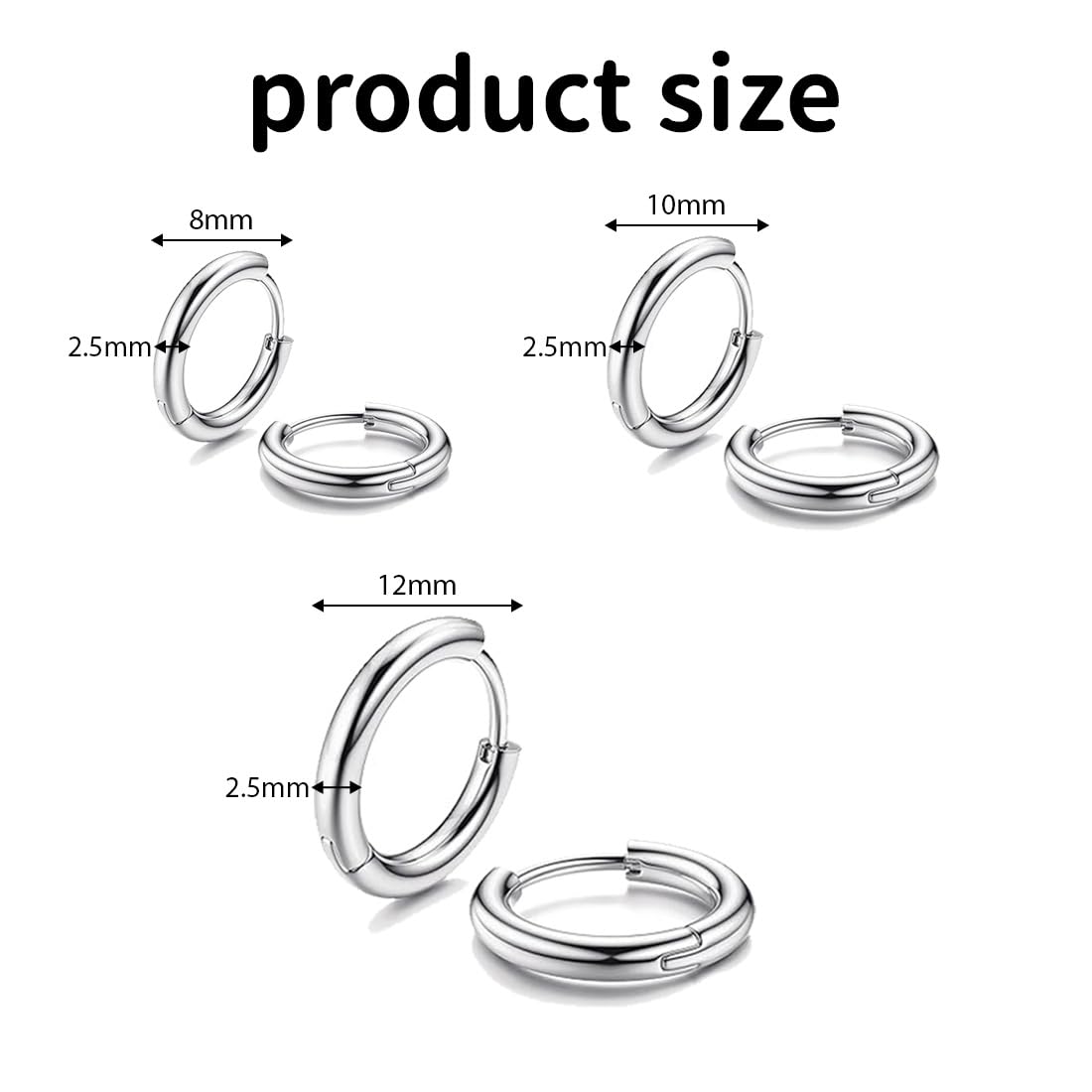 JEYORZY 3 paia di orecchini Argento a cerchio per uomini e donne, Orecchini Acciaio Inossidabile per Cartilagine, leggeri, cartilagine, ipoallergenico, 8-12 mm, Acciaio Inossidabile Piccoli, Argento